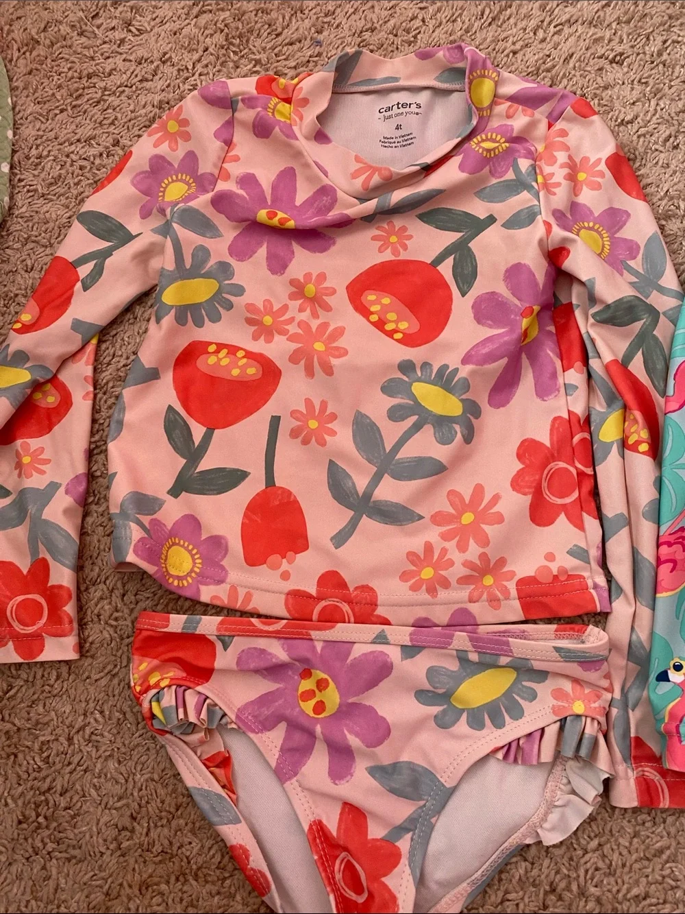 Carter's Pink Floral Rash Guard Top with Yellow Sun Accents
